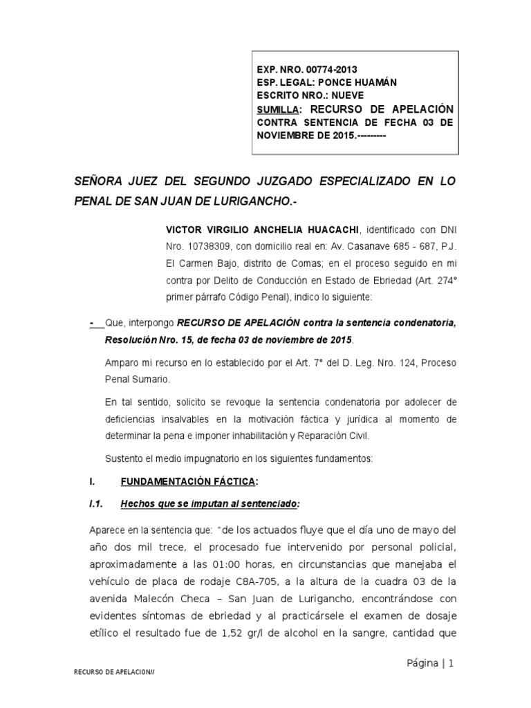 MODELO Apelacion Contra Segundo Juzgado Penal de SJL 03 Noviembre | PDF |  Castigos | Derecho penal