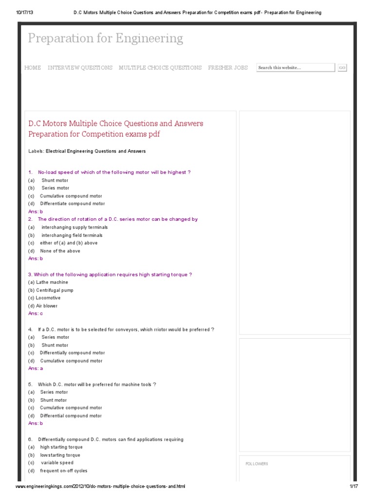 Preparation For Engineering D.C Motors Multiple Choice Questions and