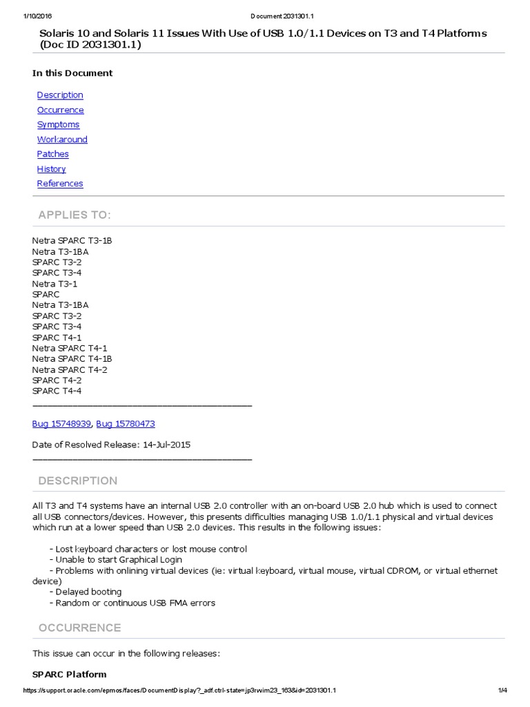 Solaris 10 and Solaris 11 Issues With Use of USB Devices On T3 and T4 ...