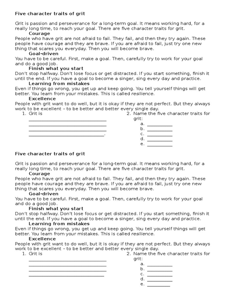 Five Character Traits of Grit PDF Grit (Personality Trait