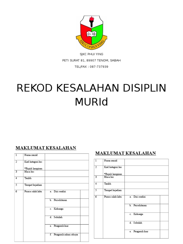 Rekod Kesalahan Disiplin Murid: Sjkc Phui Ying Peti Surat ...