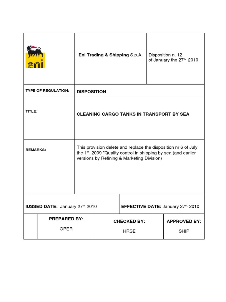 6.16.2.3 ENI Tank Cleaning Procedure PDF Fuel Oil Petroleum