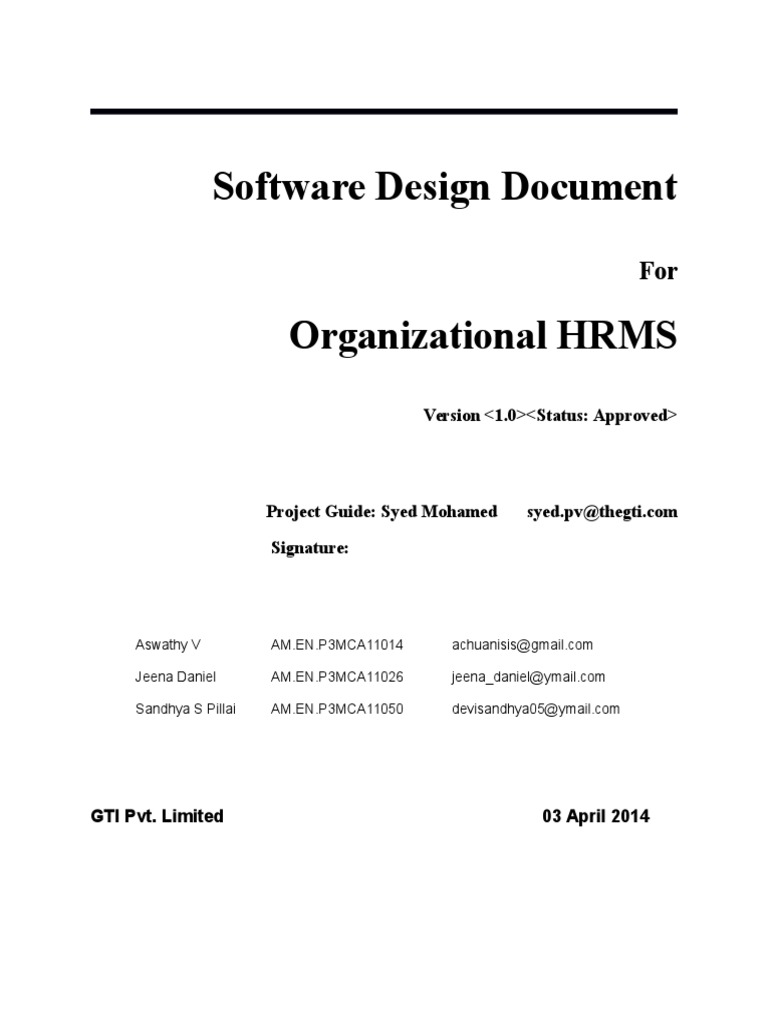HRMS Software Design Document | PDF | Email | Human Resource Management