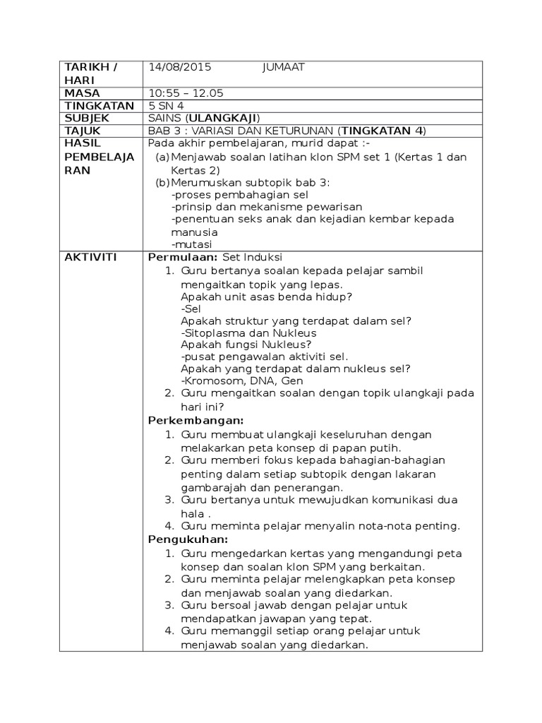 Tarikh / Hari Masa Tingkatan Subjek Tajuk Hasil Pembelaja RAN