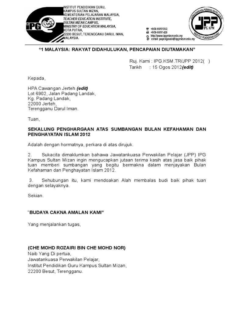 Contoh Surat Penghargaan Kepada Penceramah