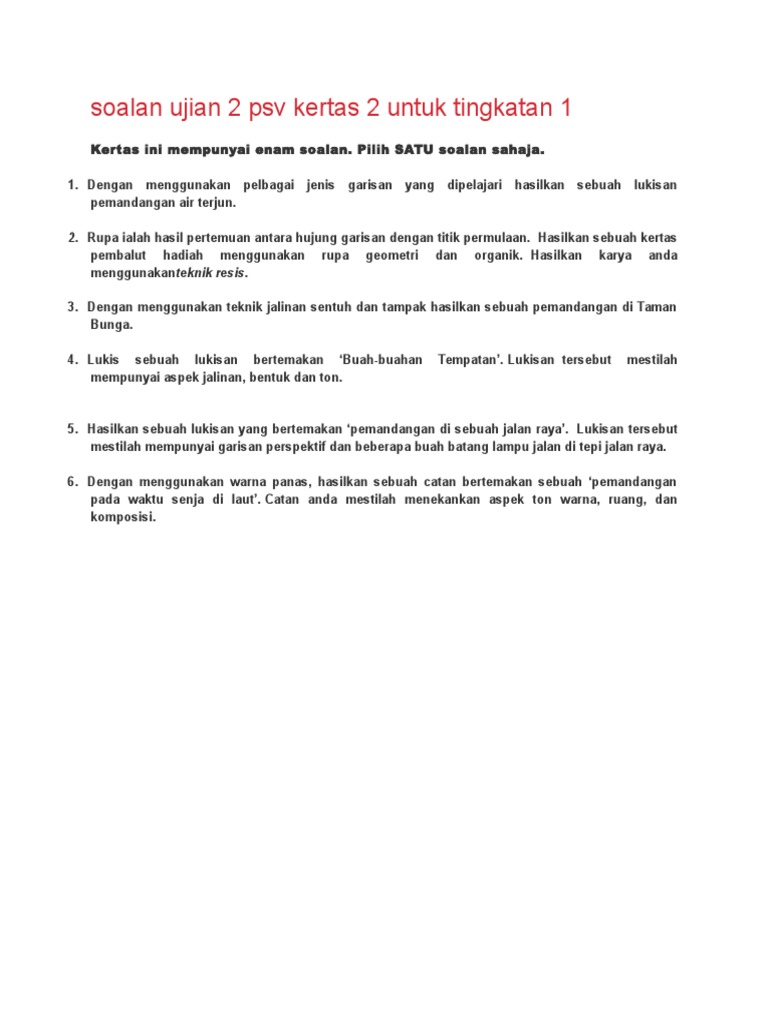 Soalan Ujian 2 Psv Kertas 2 Untuk Tingkatan 1