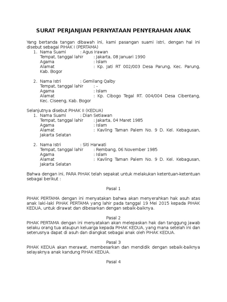 Surat Pernyataan Penyerahan Anak
