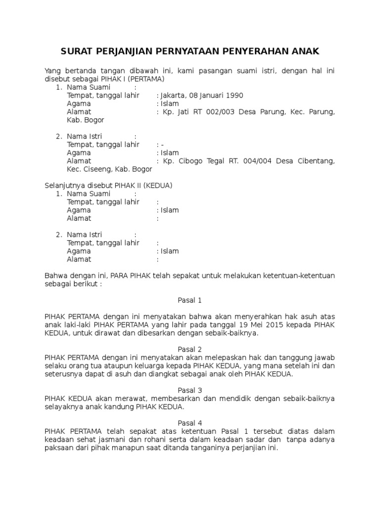 Surat Pernyataan Penyerahan Hak Asuh Anak | PDF