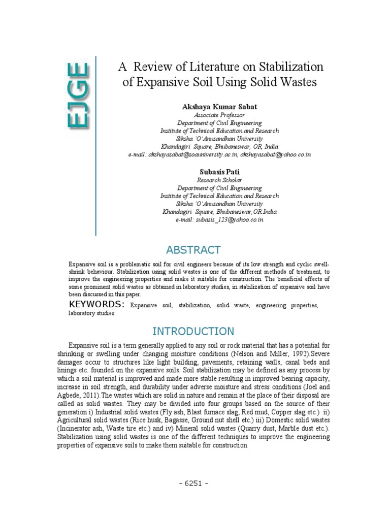 A Review of Literature On Stabilization of Expansive Soil Using Solid ...