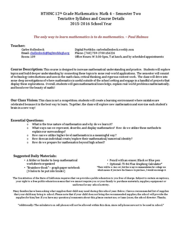 12th Grade Syllabus 2015-2016 - Semester 2 | PDF | Homework | National ...
