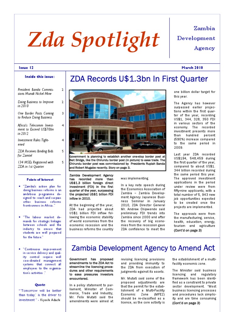 ZDA Reports $1.3bn FDI in Q1 2010 | PDF | Zambia | Employment