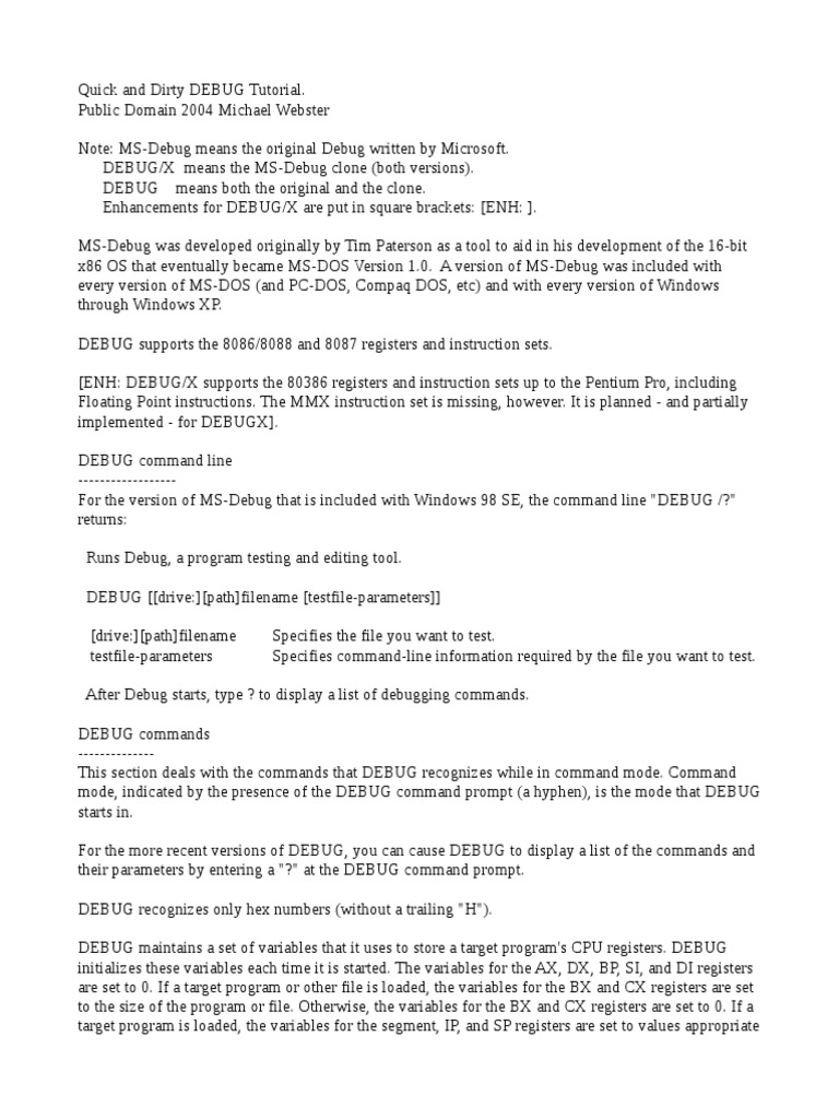 DEBUG Tutorial for MS-DOS and Windows | PDF | Instruction Set ...