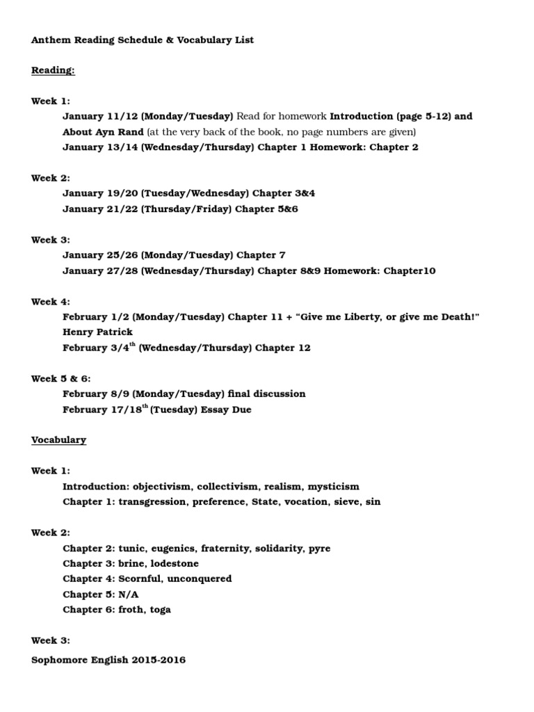 anthem reading schedule and vocabulary list 2016 draft