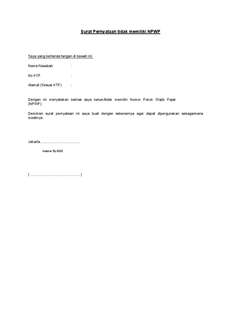 Surat Keterangan Tidak Memiliki Npwp