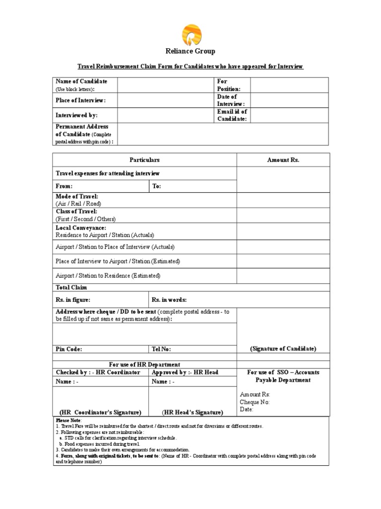 Candidate Travel Reimbursement Form | PDF | Business