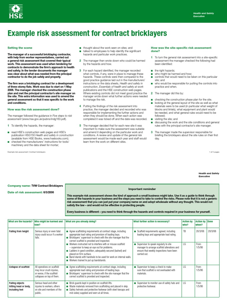 Bricklaying Risk Assessment Example | PDF | Occupational Safety And ...