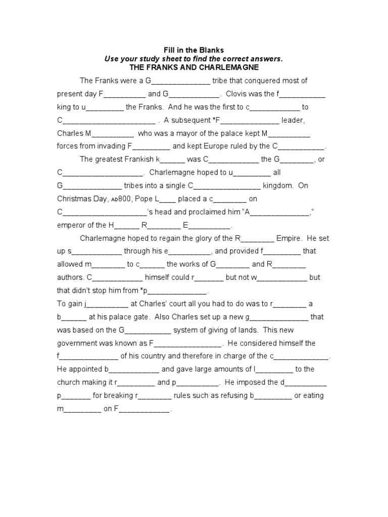 Use Your Study Sheet To Find The Correct Answers. Fill in The Blanks