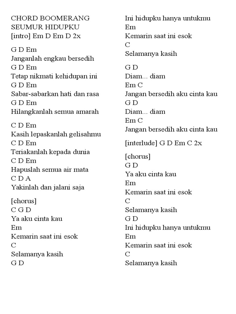 Chord Boomerang Seumur Hidupku