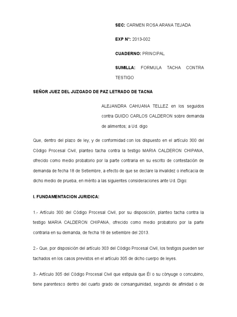 Tacha Contra Testigo | PDF | Parentesco | Demanda judicial