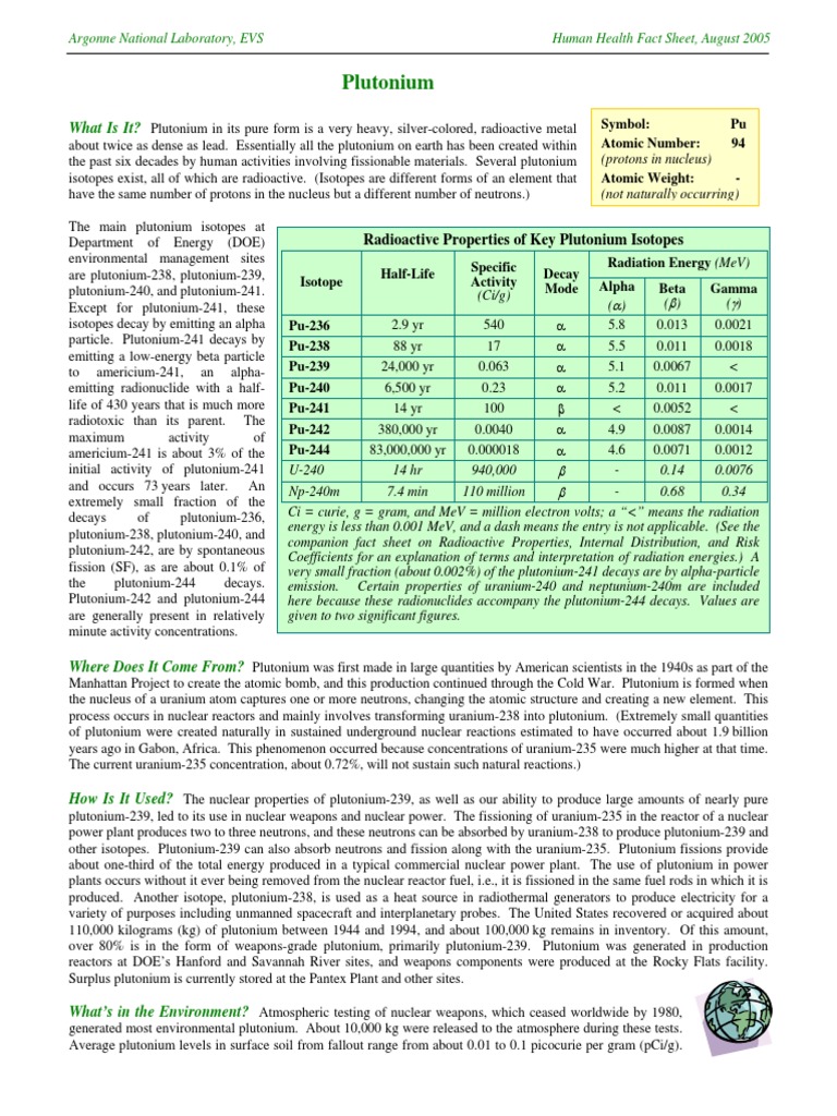 plutonium fact sheet Plutonium Radioactive Decay