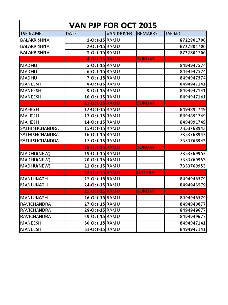 October 2015 Van Driver Schedule | PDF