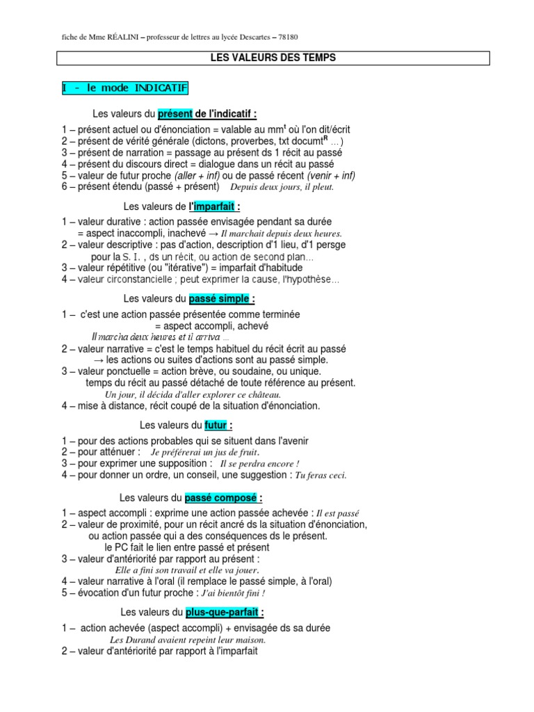 Les Valeurs De L imparfait Et Du Passé Simple Exercices Corrigés 35 Valeurs Emplois Temps Modes Verbaux PDF | PDF