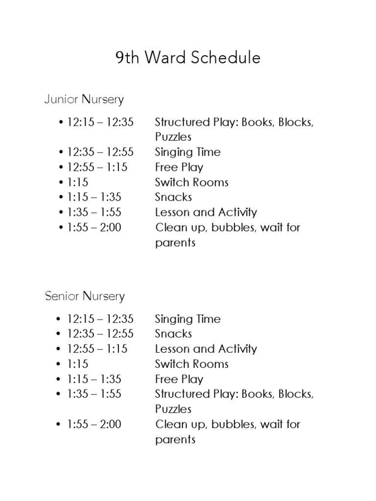 9th Ward Nursery Schedule Overview | PDF | Home & Garden | Self-Improvement