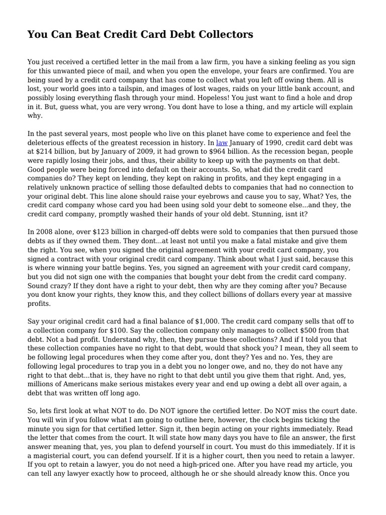 Defeat Credit Card Debt Collectors | PDF | Collection Agency ...