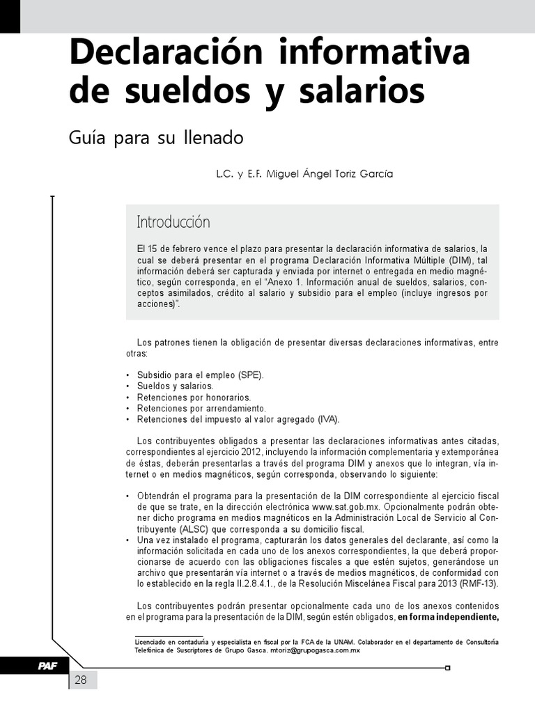 Declaración Informativa de Sueldos y Salarios. Guía Para Su Llenado