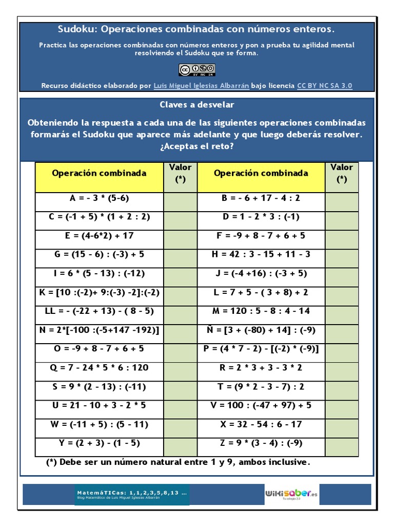 Sudoku Operaciones Combinadas | PDF Ocio | Enseñanza de