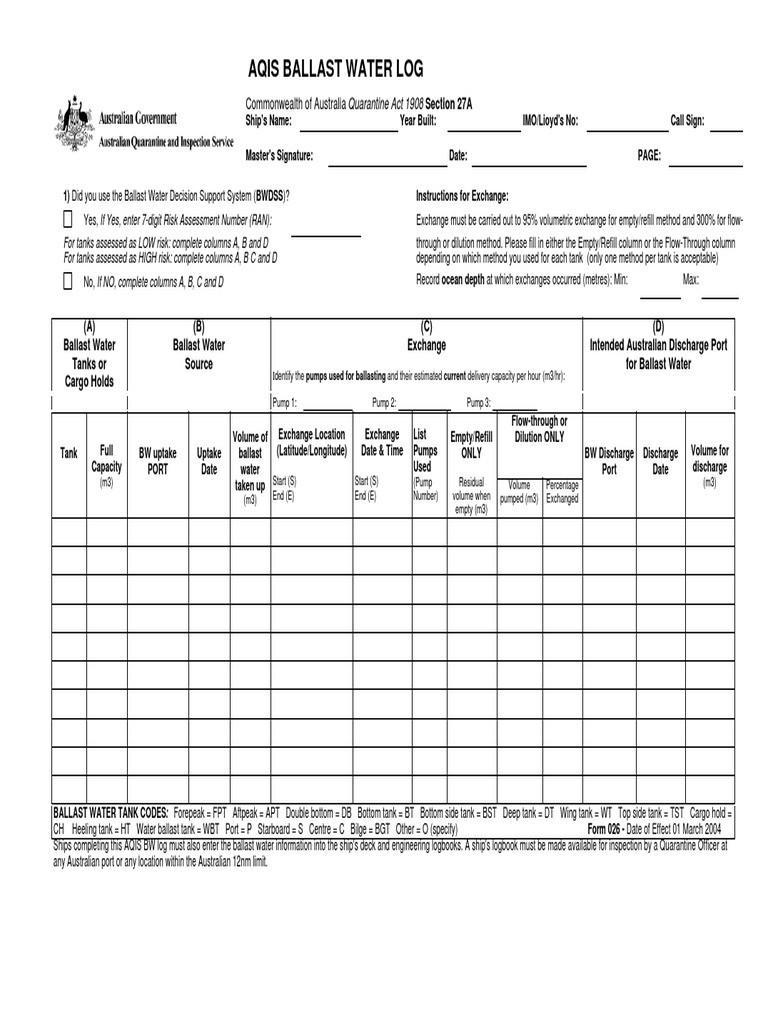 Ballast Water Log PDF Water Transport Watercraft