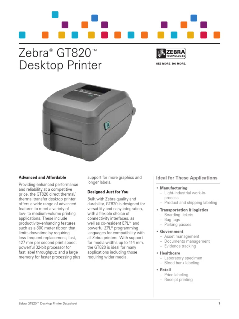 Zebra Gt820 Desktop Barcode Printer | PDF | Printer (Computing