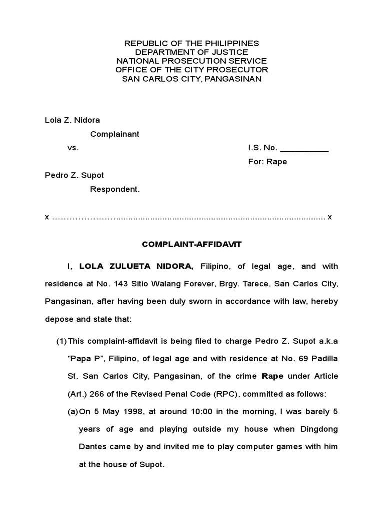 Rape Complaint Sample | PDF | Rape | Criminal Justice