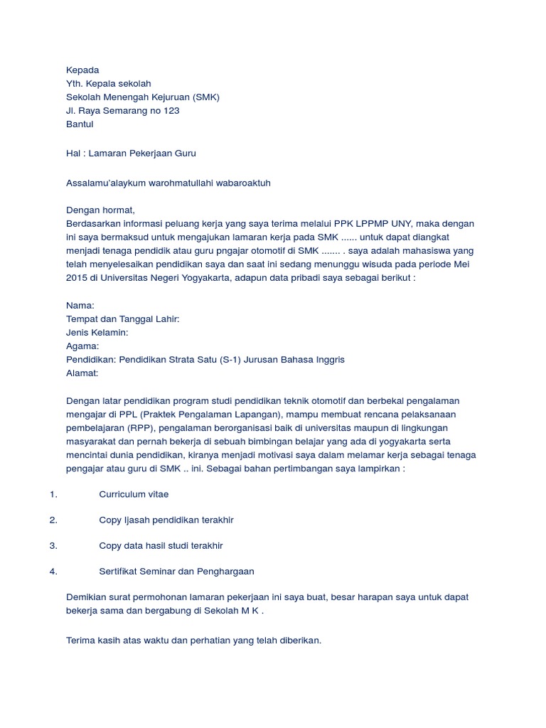 Contoh Surat Lamaran Kerja Guru