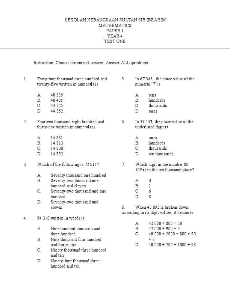Maths Paper 1 Year 4 | PDF | Mathematical Notation | Teaching Mathematics