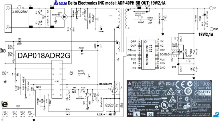 Delta Electronics INC Model ADP-40PH BB OUT 19V-2,1A | PDF