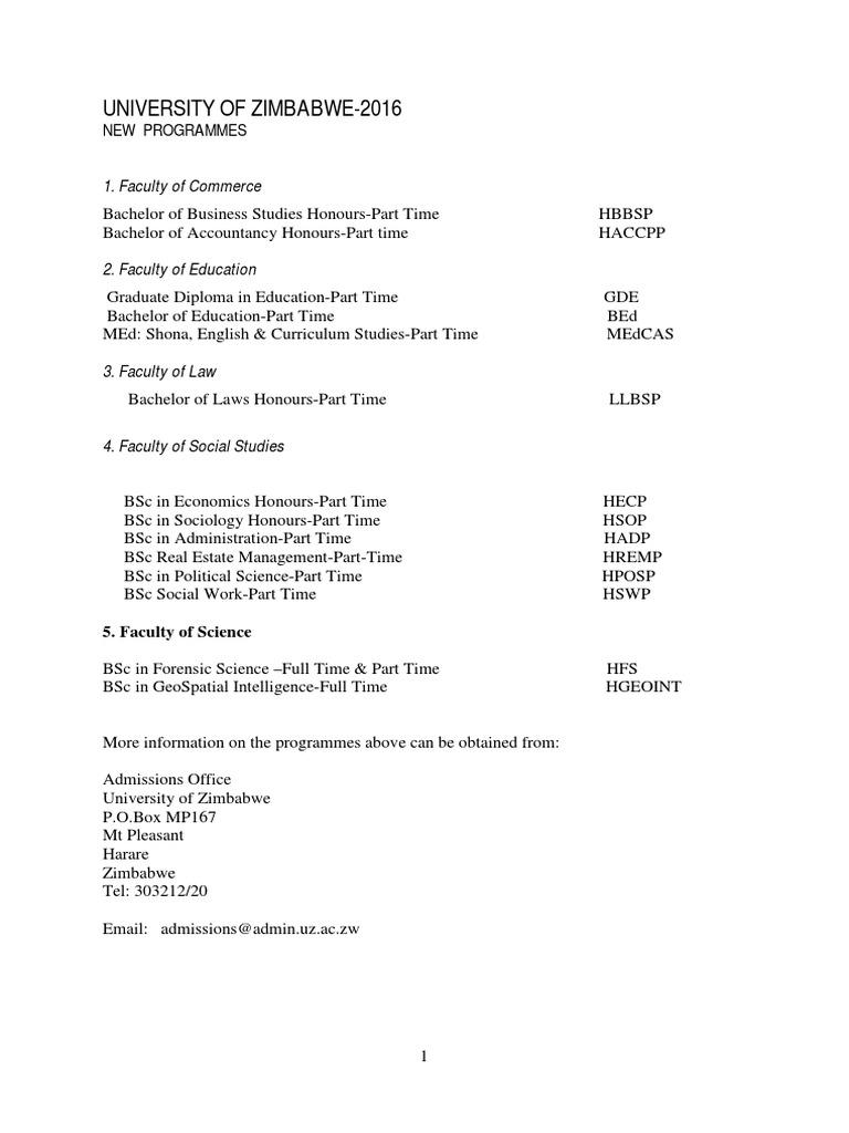 University of Zimbabwe New Programmes 2016