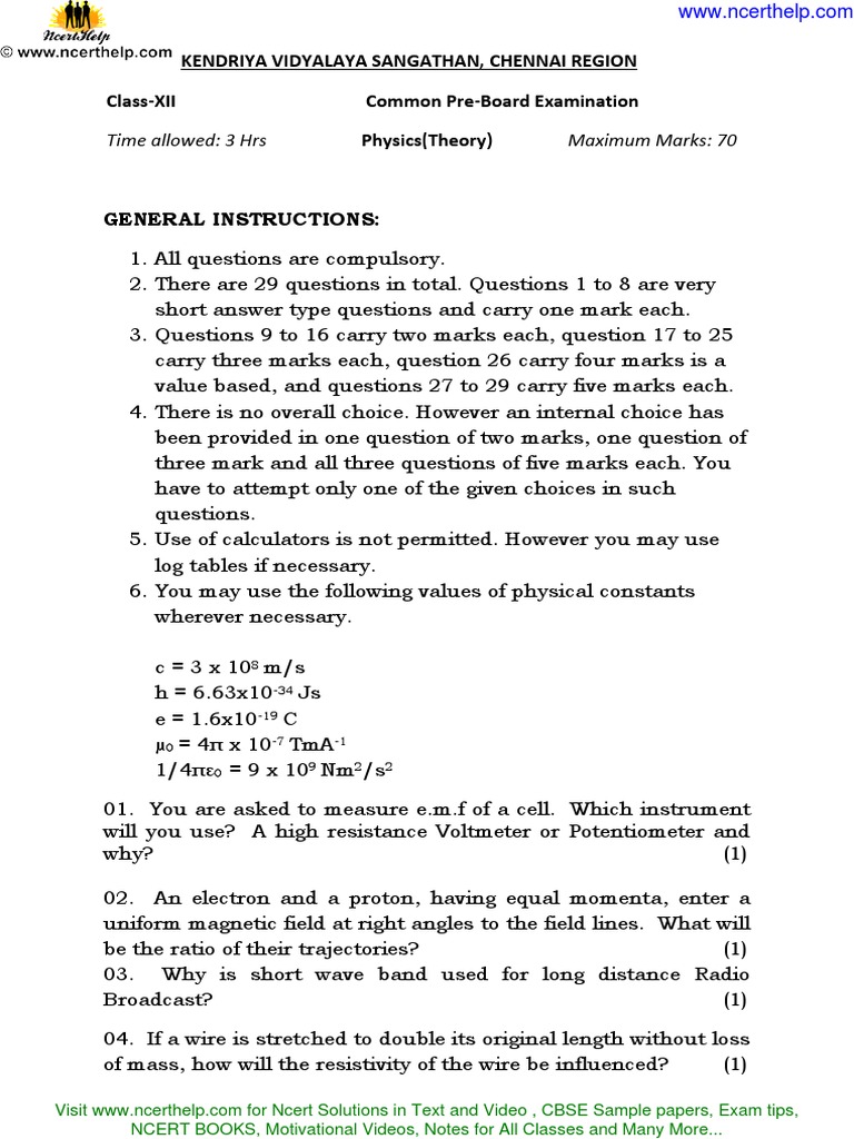 Class 12 Physics Pre-Board Exam Paper | PDF | Electric Current | Capacitor