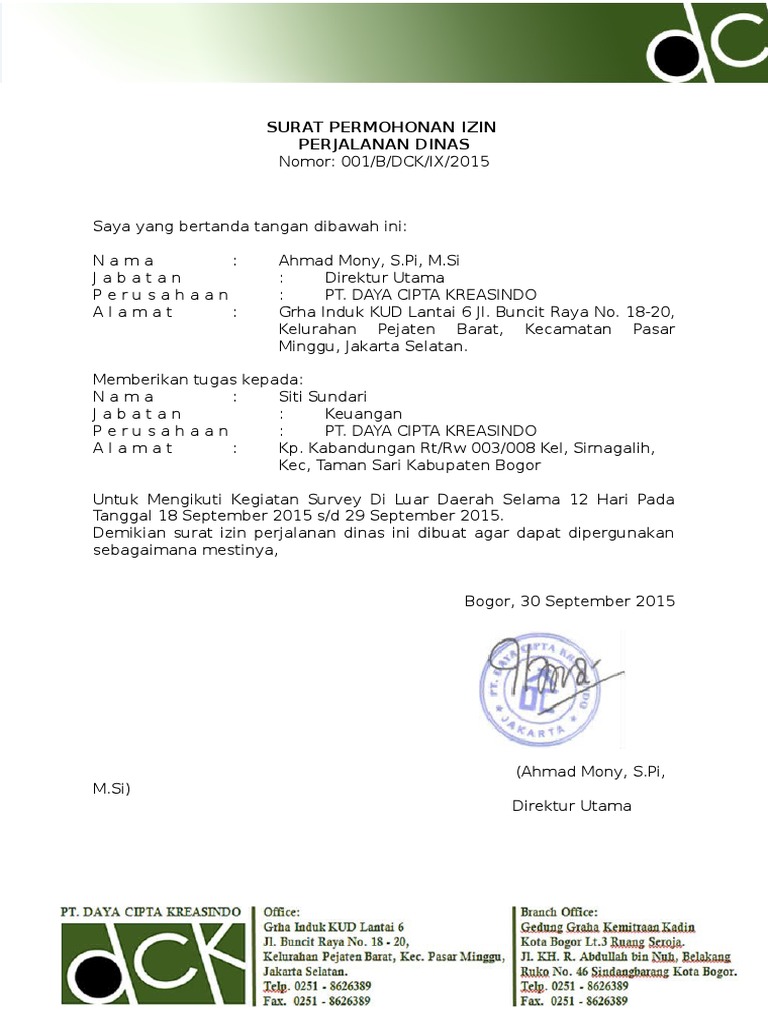 Surat Permohonan Perjalanan Dinas