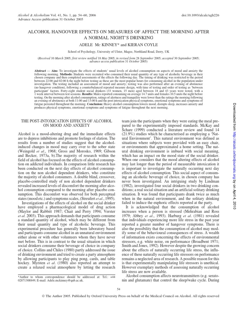 Alcohol Hangover Effects On Measures of Affect The Morning After A ...