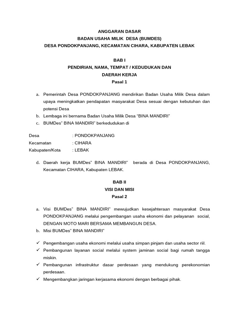 Contoh Ad Art Badan Usaha Milik Desa 1