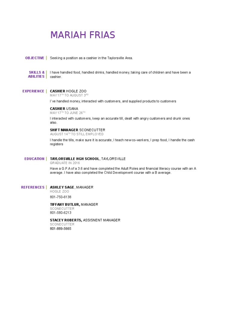 Mariah Frias: Cashier Resume | PDF