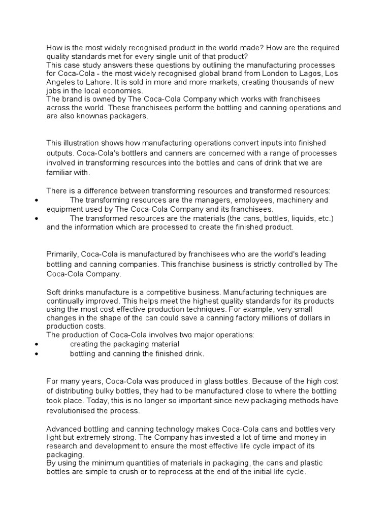 Coca Cola Production Process | PDF | Coca Cola | Franchising