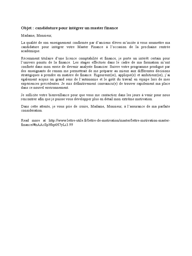 Exemples de Lettre de Motivation  Baccalauréat universitaire  Université