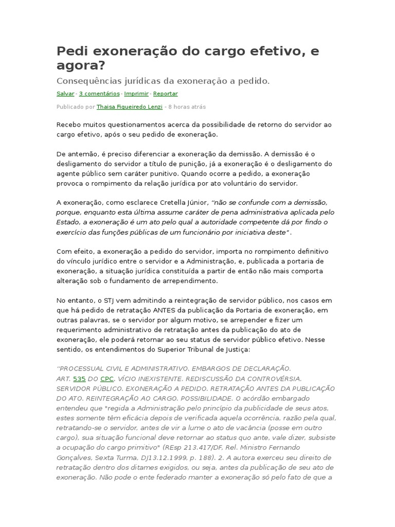 EXONERAÇÃO-Arrependimento Antes Da Publicação Da Portaria de Exoneração ...