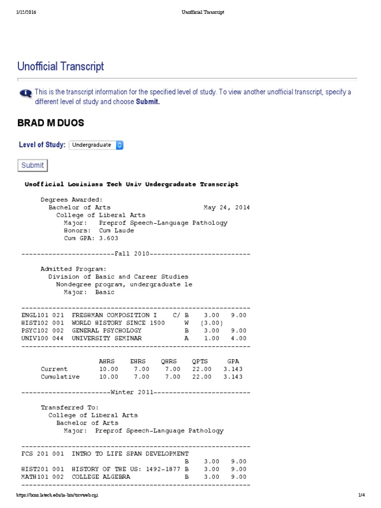 Louisiana Tech Unofficial Transcript | PDF | Science | Academia