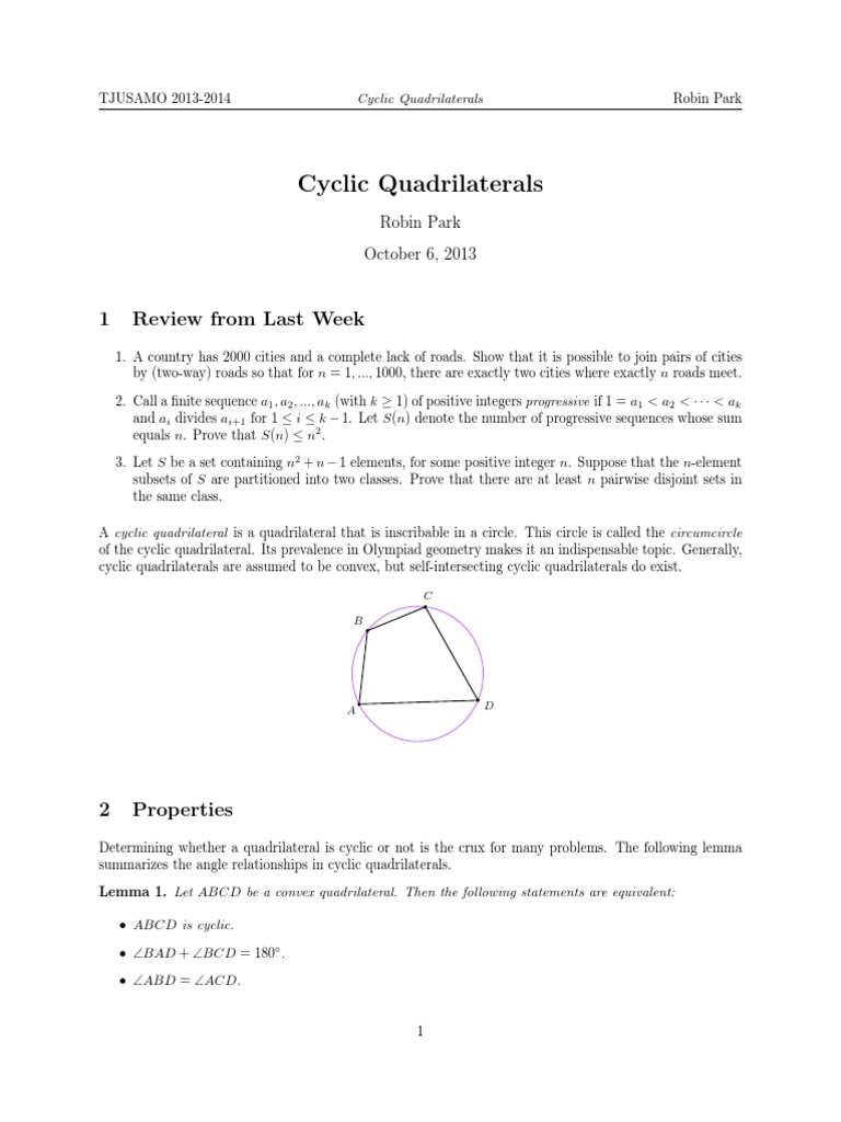 Cyclic Quadrilaterals Guide | PDF | Euclid | Geometric Shapes