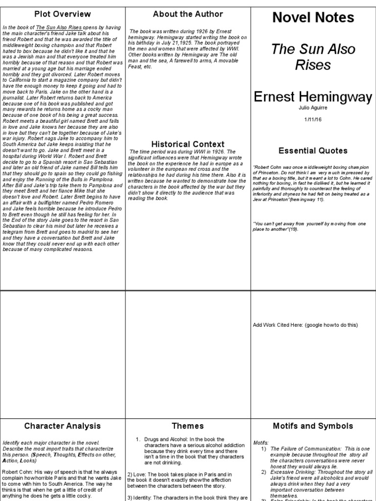 The Sun Also Rises: Character Analysis | PDF