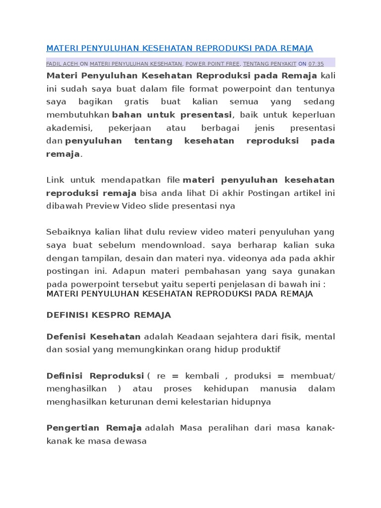 Materi Penyuluhan Kesehatan Reproduksi Pada Remaja Docx