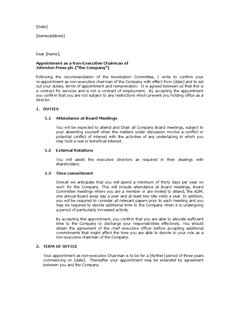 NonExecutive Chairman Appointment site Version PDF Board Of